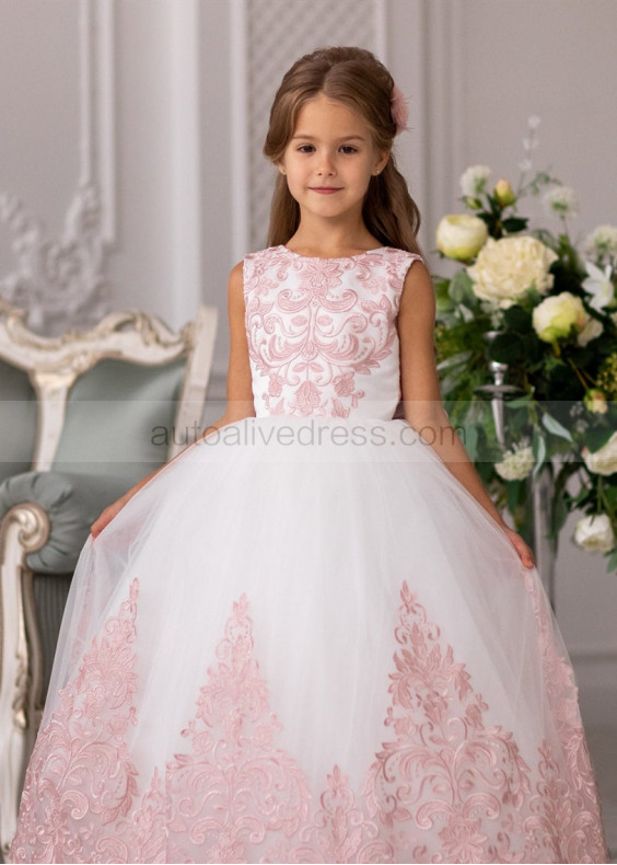 Blush Pink Lace Ivory Tulle Ankle Length Flower Girl Dress